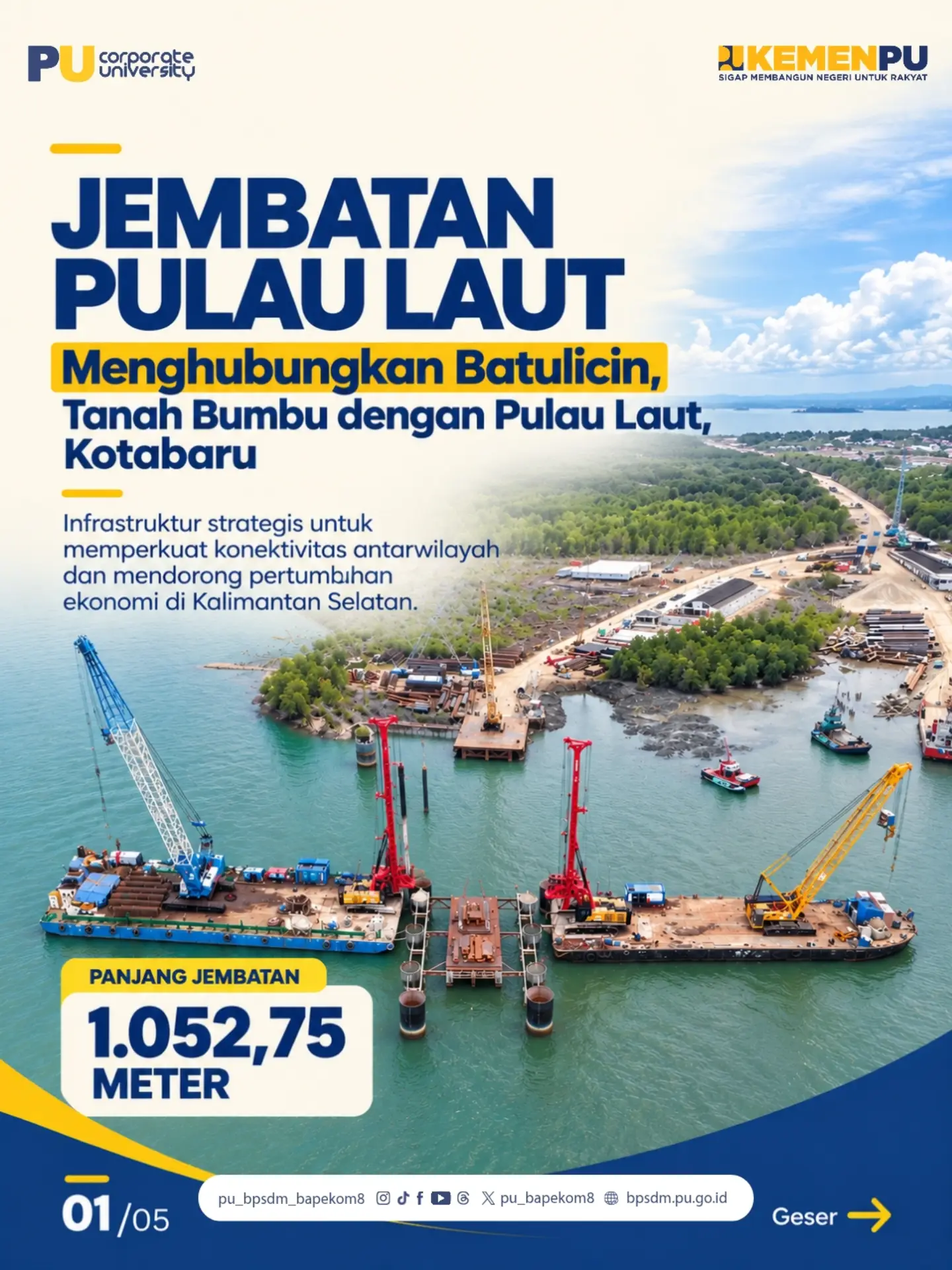 Kementerian Pekerjaan Umum (PU) mendukung pembangunan Jembatan Pulau Kalimantan–Pulau Laut sebagai salah satu infrastruk