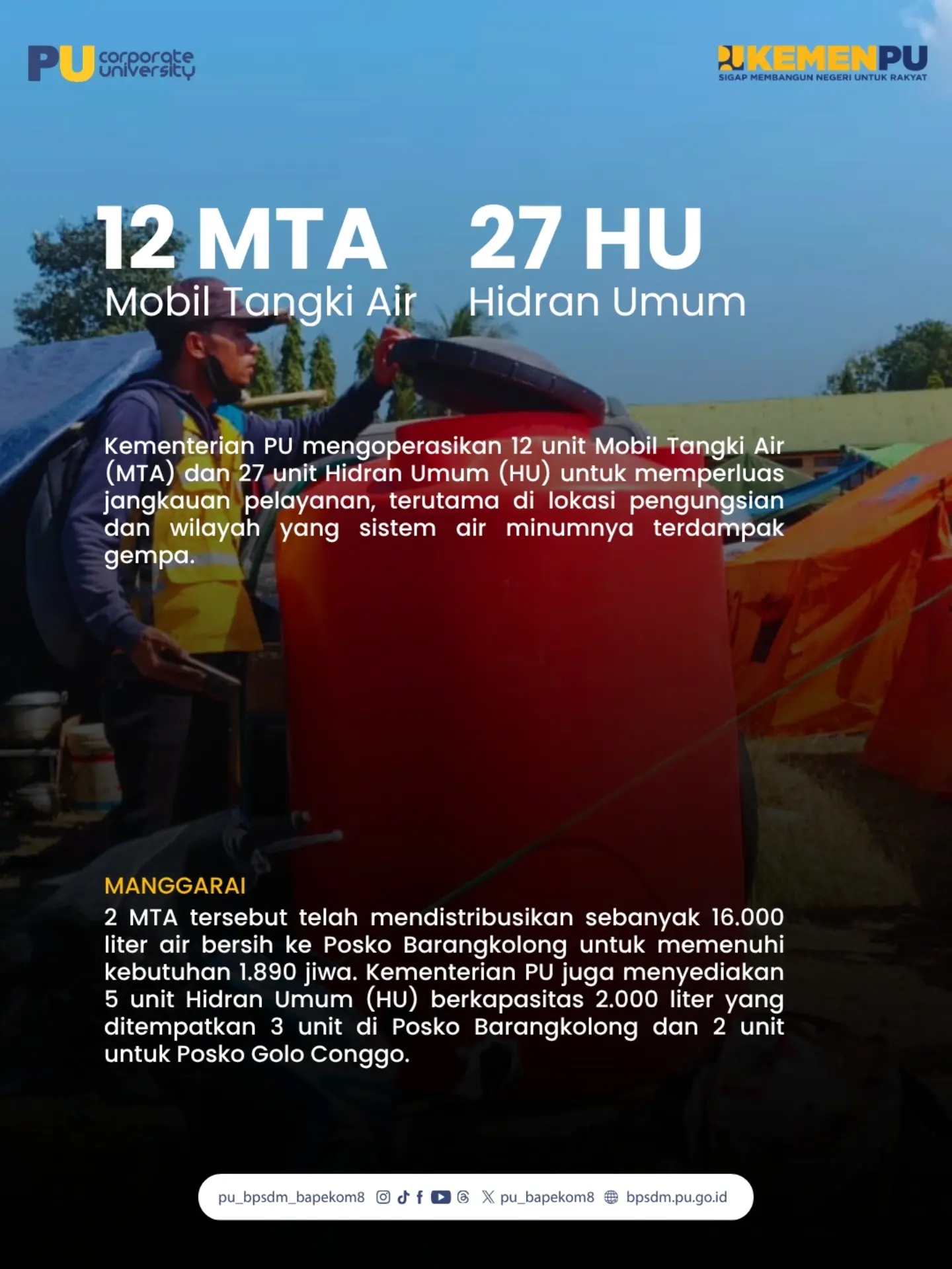 Menteri PU Dody Hanggodo mengatakan, pemenuhan air bersih menjadi salah satu prioritas dalam penanganan kondisi darurat