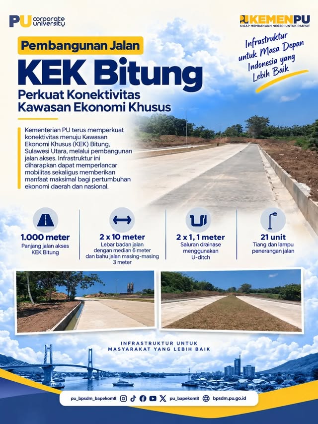 Pembangunan jalan akses KEK Bitung, Sulawesi Utara, sepanjang 1 km terus diperkuat untuk mendukung k...